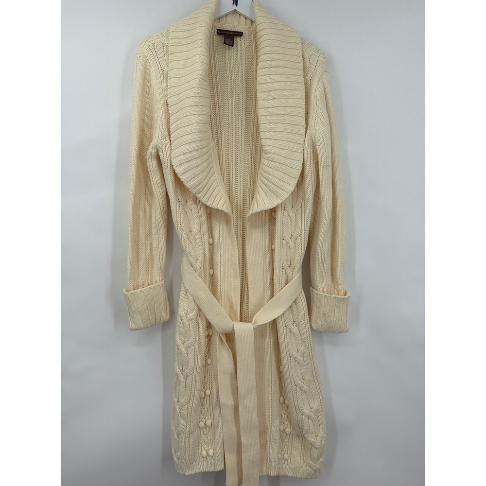 Bandolino Cream Cable Knit Longline Cardigan Shawl Collar Pom Pom Belted XL